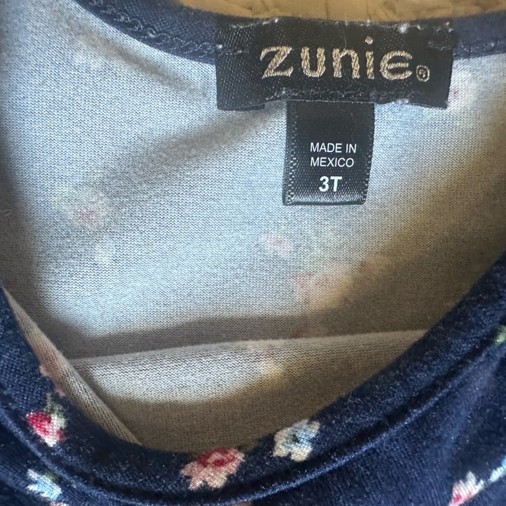 Zunie Navy Blue Floral Twirl Long Sleeves Dress ruffled hem cinched waist EUC - Picture 3 of 6